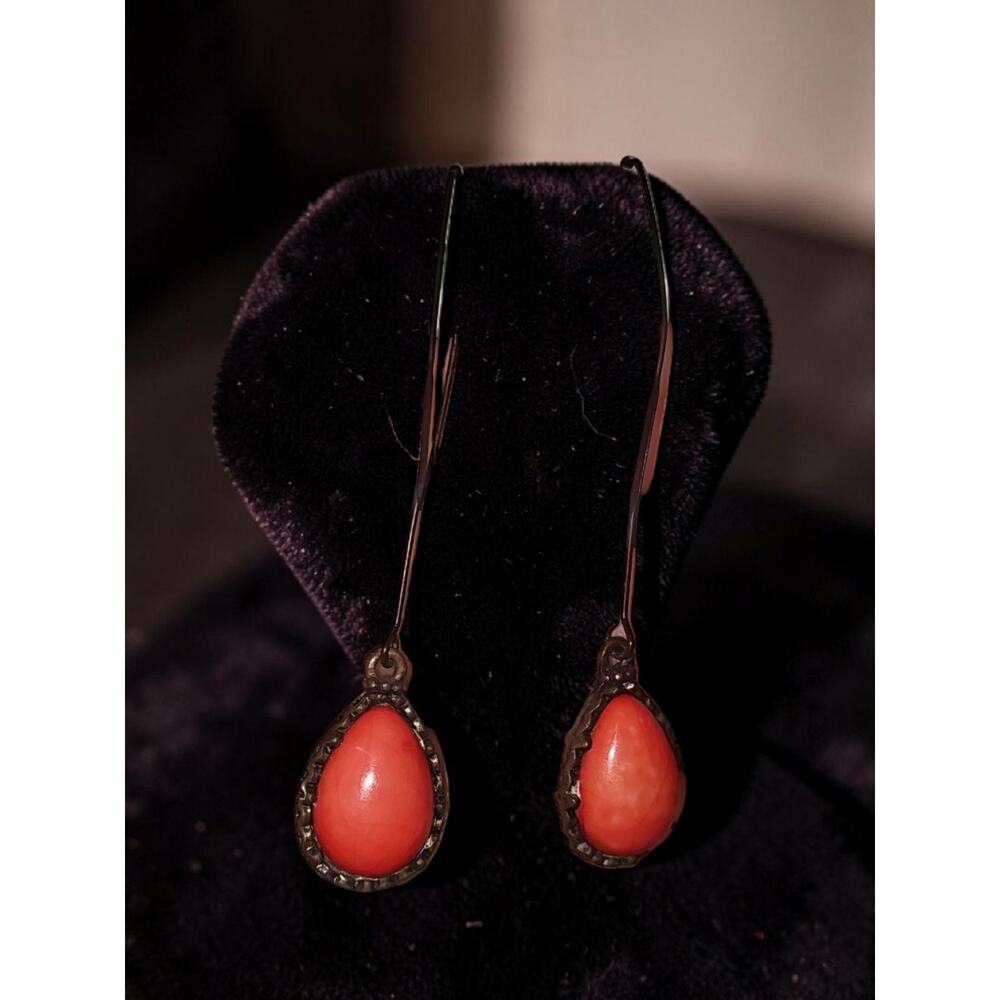 Antique Pear Shaped Pink Coral Drop Earrings